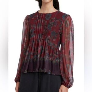Desigual Burgundy Floral Mesh Blouse Sheer Sleeve Boho Top Size large